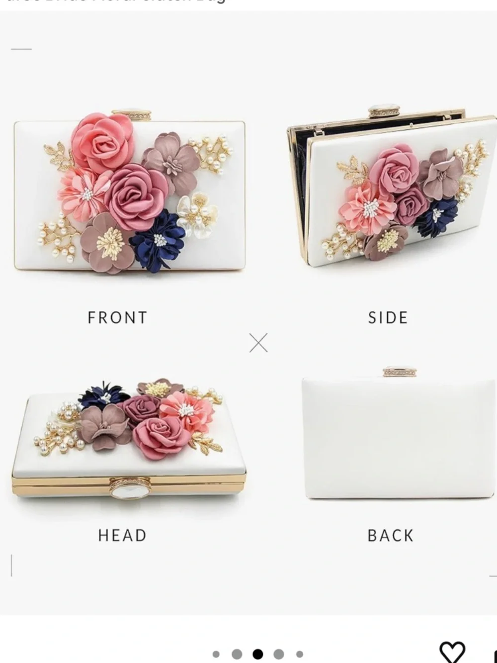 Floral Appliqué Evening Clutch - White with Pink, Mauve & Navy Flowers